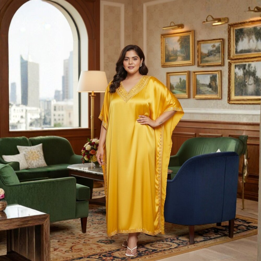 Gypsie Blu Comfortable Satin Women Kaftan Dress Solid Embroidery Lace Yellow